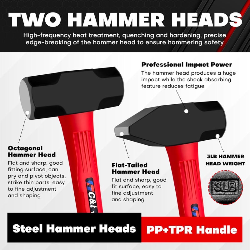 ct 2 Piece Hammer Set, 3lb Sledge Hammer-Drilling Hammer & blacksmith hammer,mini sledge, cross peen hammer, Fiberglass & Soft No-Slip Handle,Perfect for Demolition, Construction and Blacksmithing - Image 4